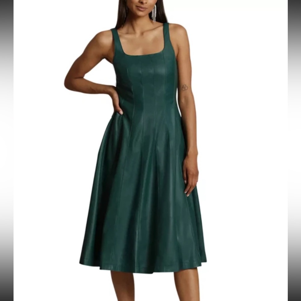 7 For All Mankind Forest Green Faux Leather Square Neck Sleeveless Midi NWT